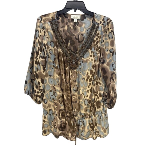 Dressbarn Plus Size 1X Embellished Sheer Animal Print Blouse Chiffon Tunic Top - Picture 1 of 7